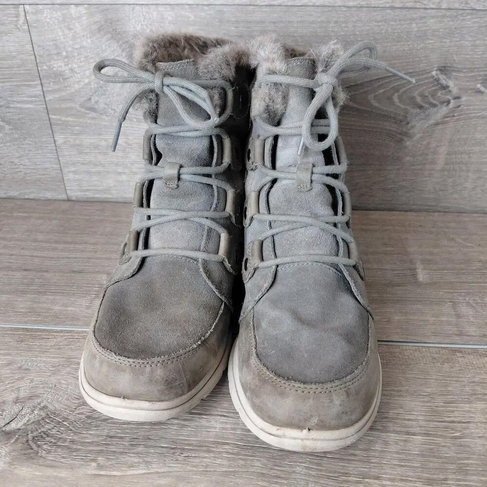 Sorel Explorer Joan Boots Women 10 Gray Suede Leather Winter Waterproof Faux Fur - Picture 3 of 10